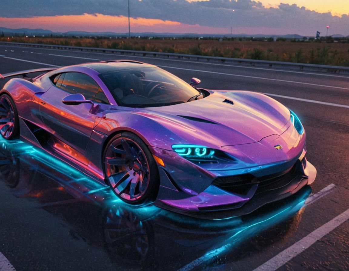 Futuristic Car on Neon Highway, Digital Art