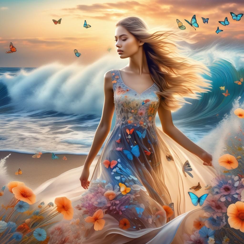 Double Exposure: Beach Beauty in Fantasy Art Style