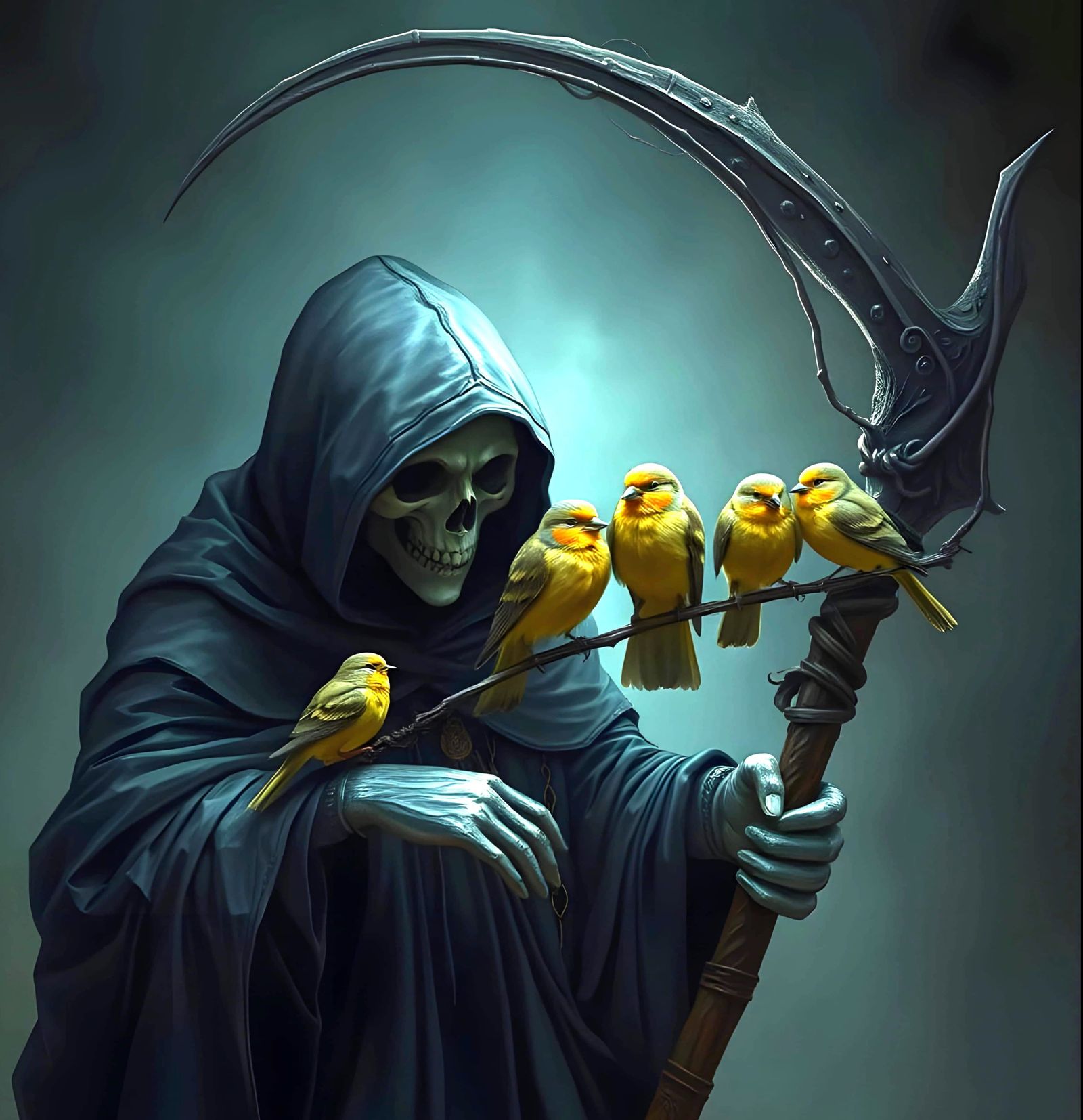 Grim Reaper with Birds in Art Nouveau Style