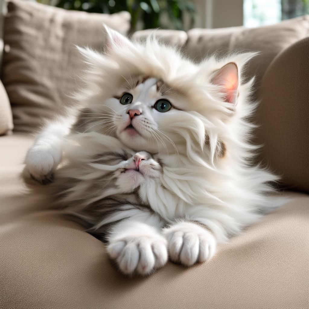 Fluffy Kitten Relaxing on Sofa