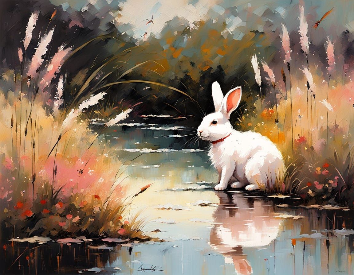 White Rabbit by a Brook in Impressionistic Style