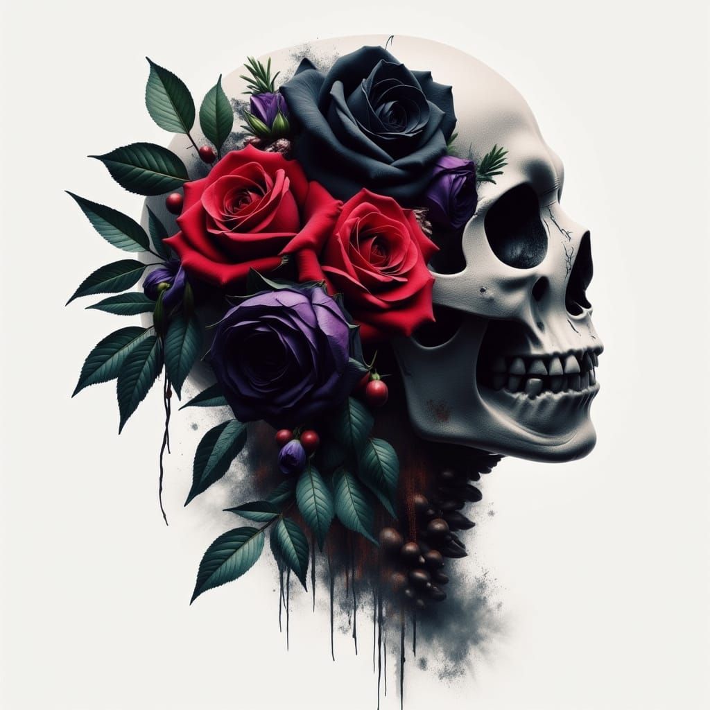 Double Exposure: Roses and Skull in Noir Style