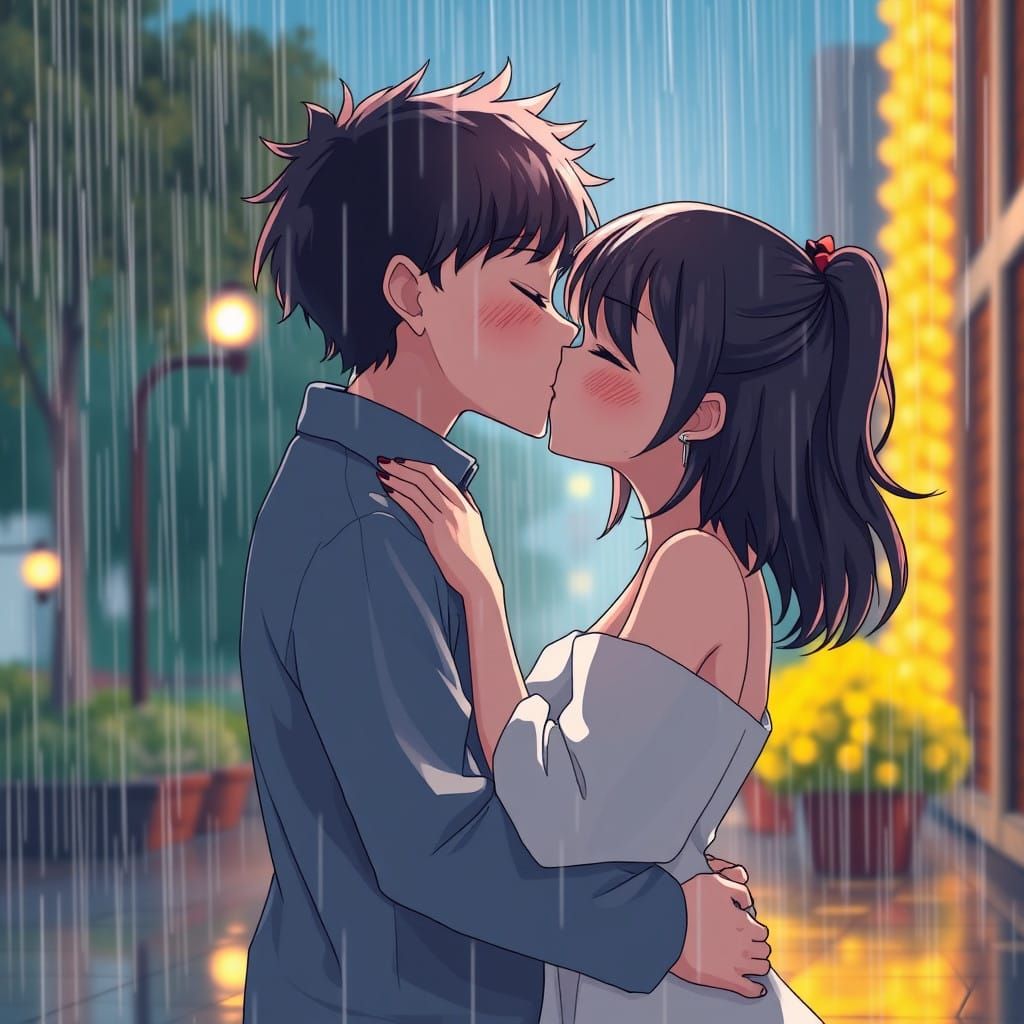 Romantic Couple in Rainy Cinematic Anime Art