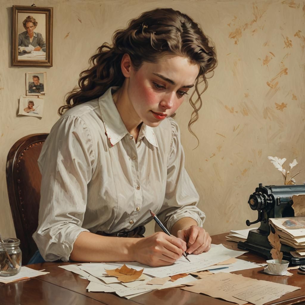 Nostalgic Woman Writing Letter in Romantic Realism Style