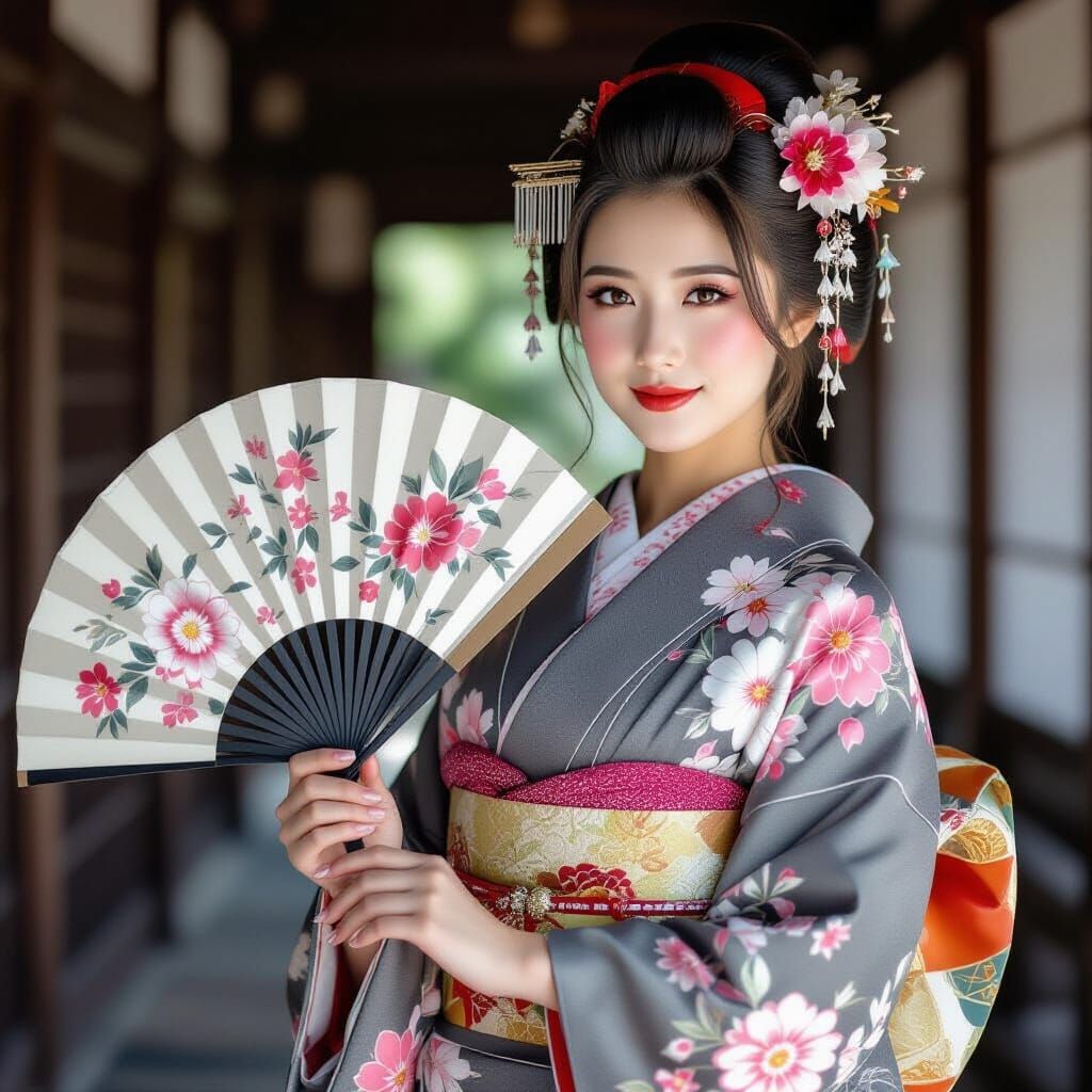 Elegant Japanese Woman in Floral Kimono with Moonlight