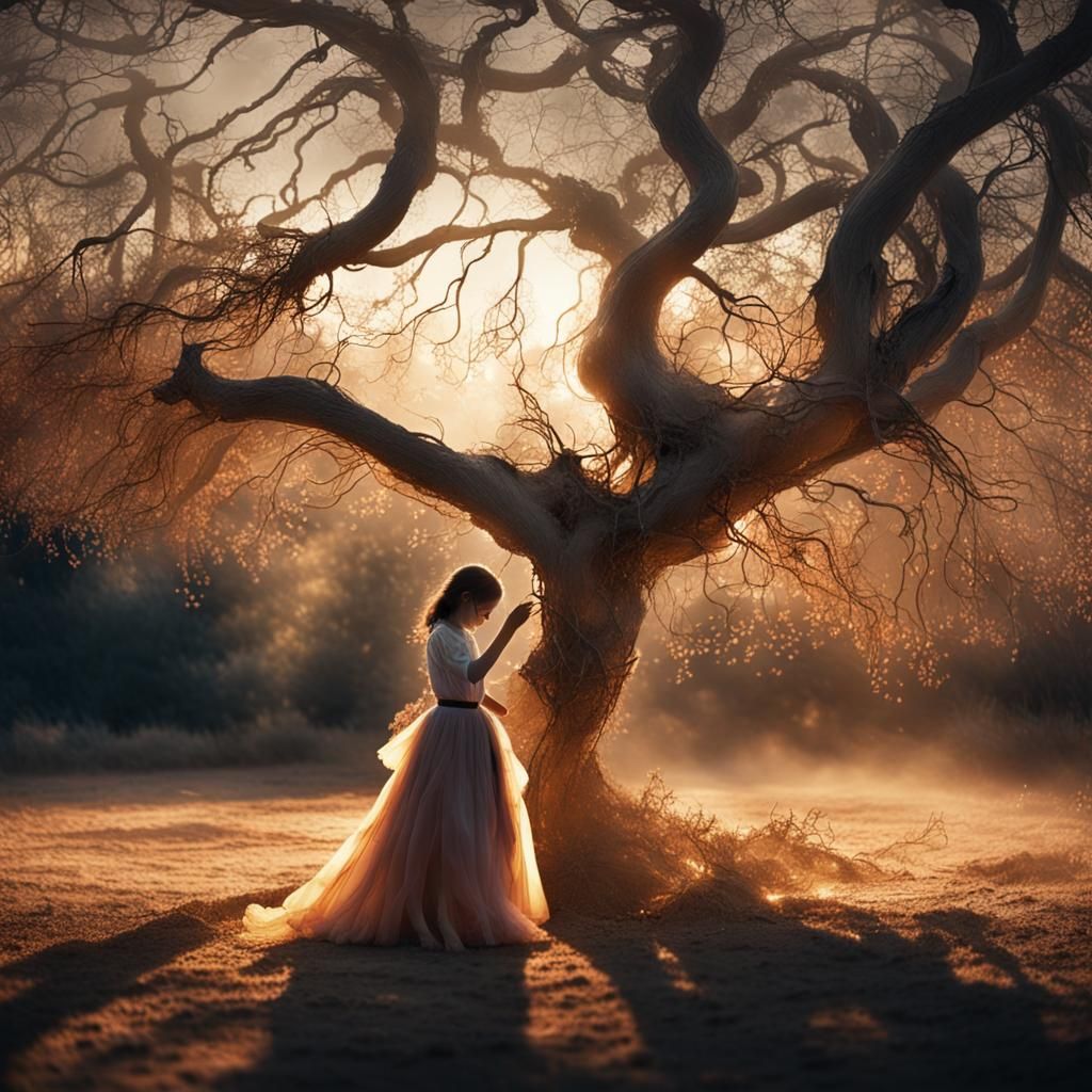 Surreal Tree Branches Lift Girl in Golden Light