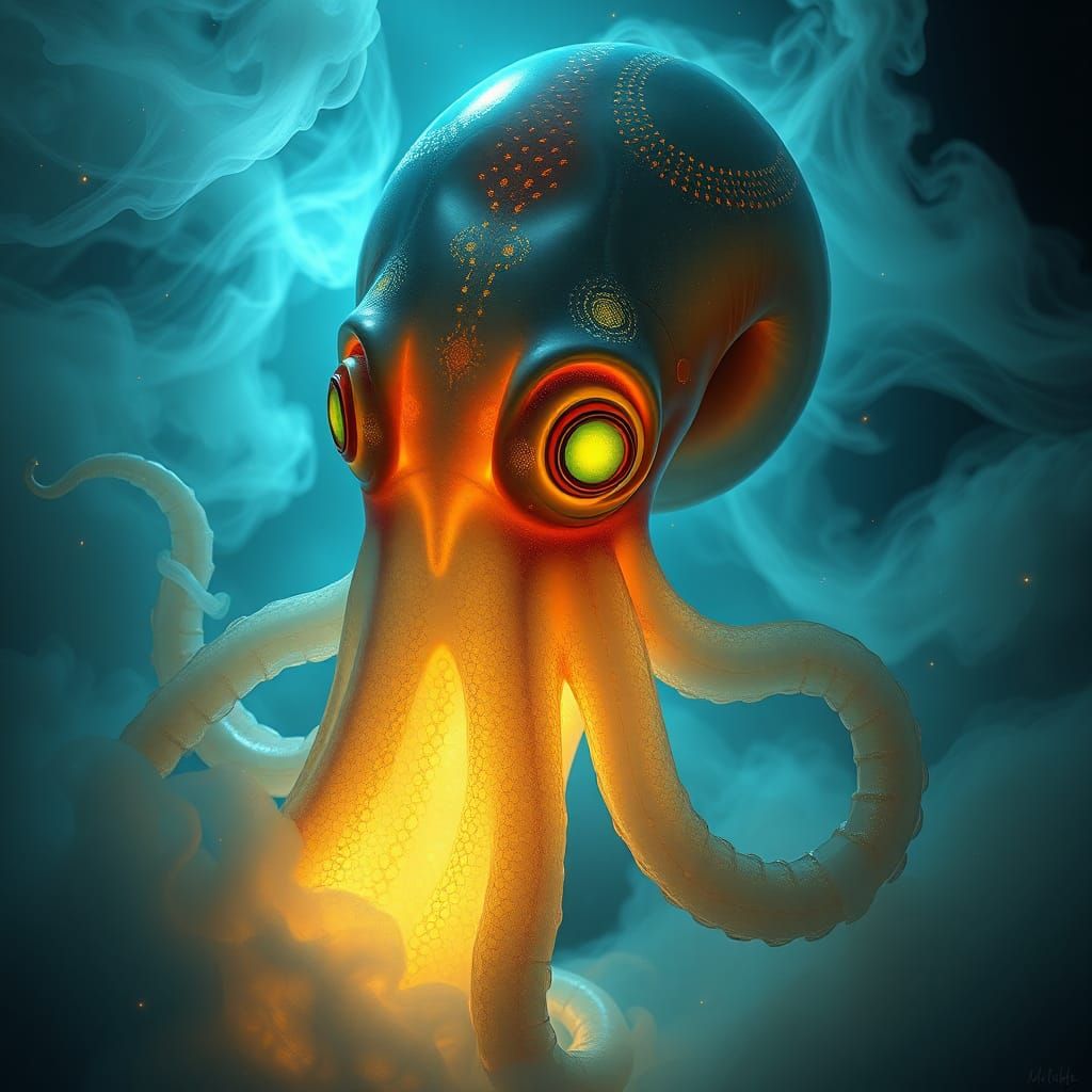 Luminescent Squid Radiating Light in the Deep Ocean