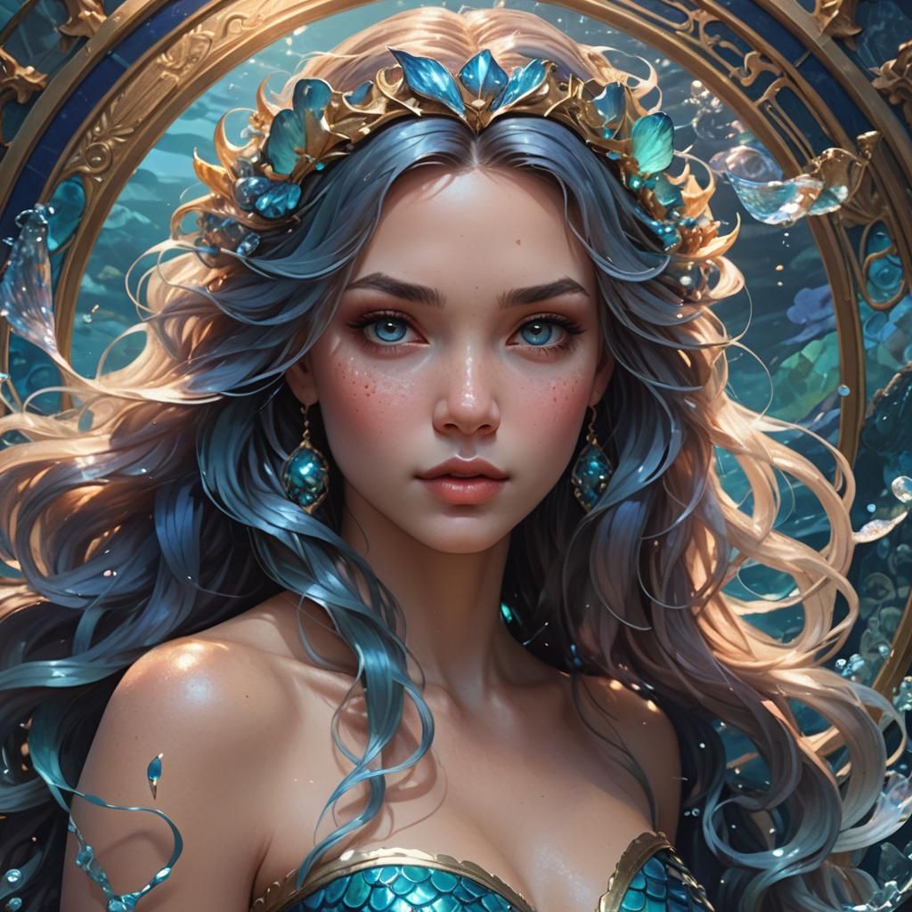 Hyperdetailed Blue Mermaid Portrait in Round Frame