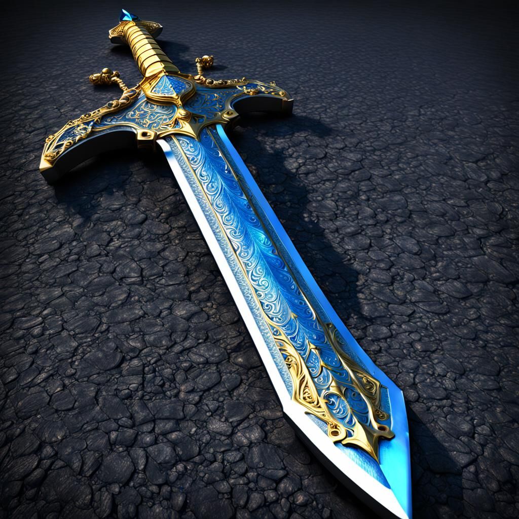 Magical glowing blue sword gilded