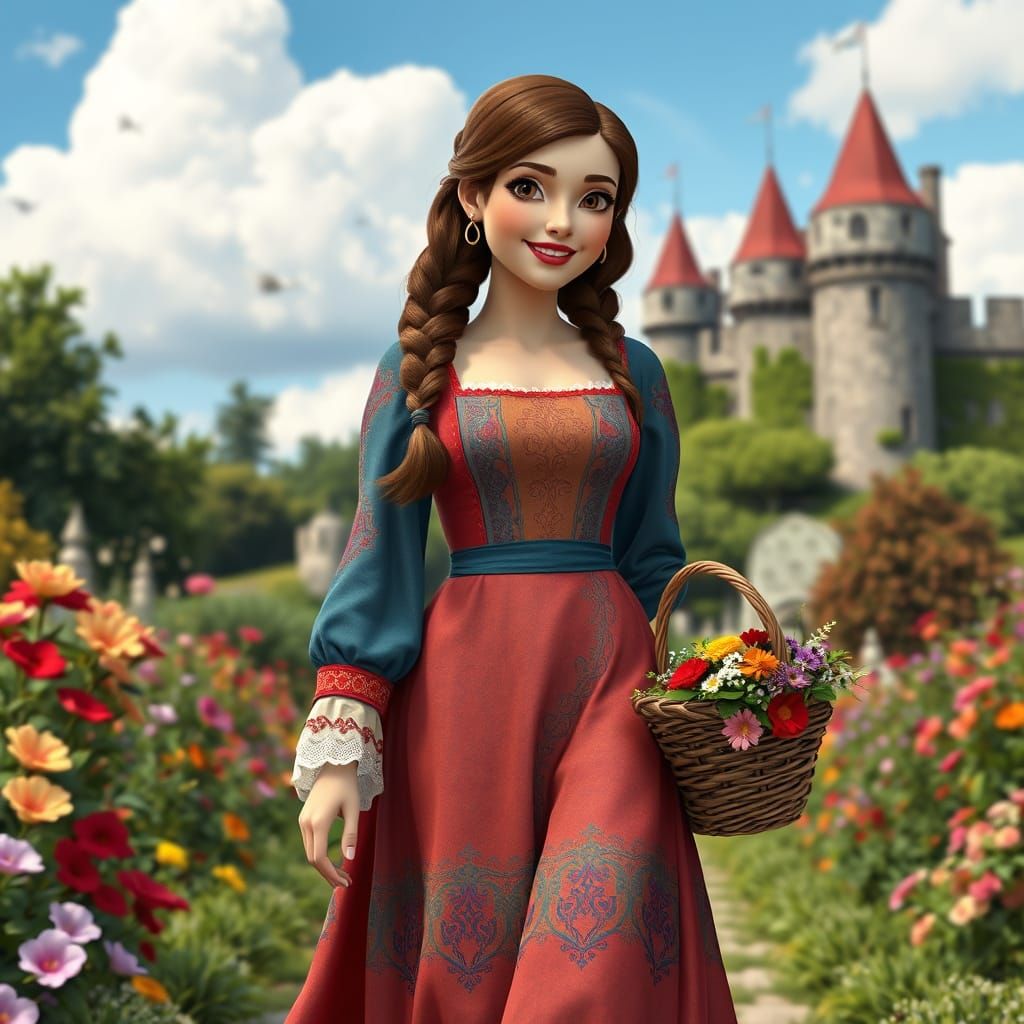 Woman in 14th-Century Dress in Lush Garden