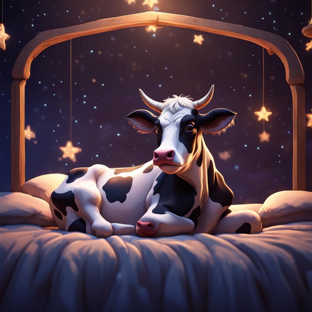 Cow Asleep Under Starry Sky: Fantasy Concept Art