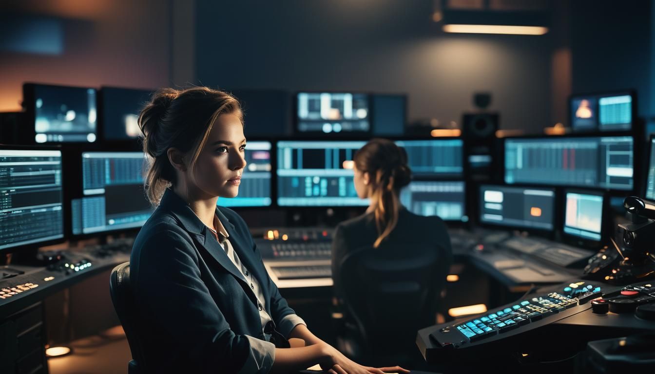 Film Editor at Avid Table in Cinematic Lighting