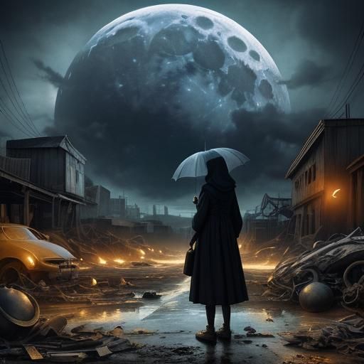 Woman with Golden Umbrella Under Giant Moon