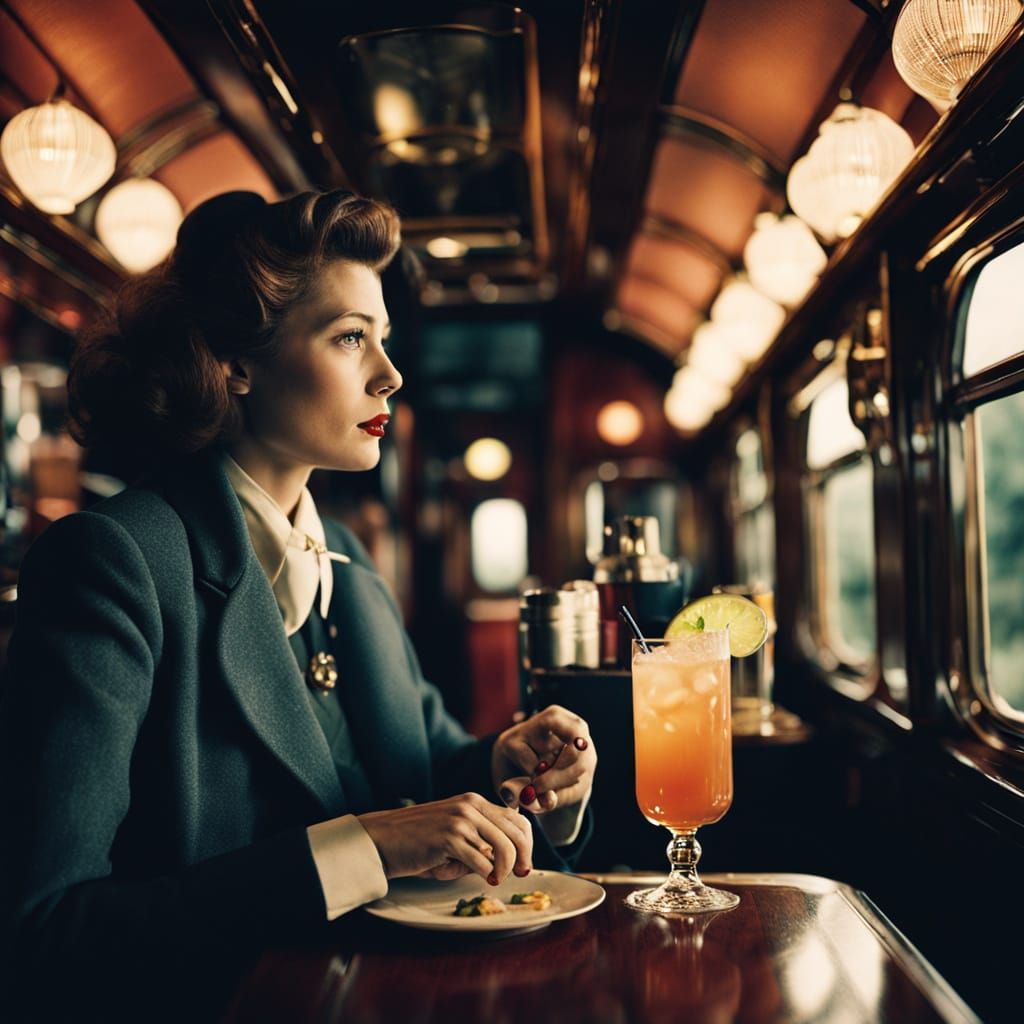Glamorous Woman Sips Cocktail on The Orient Express in Cinem...