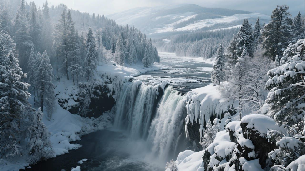 Vast Montana Snowy Landscape with Waterfalls