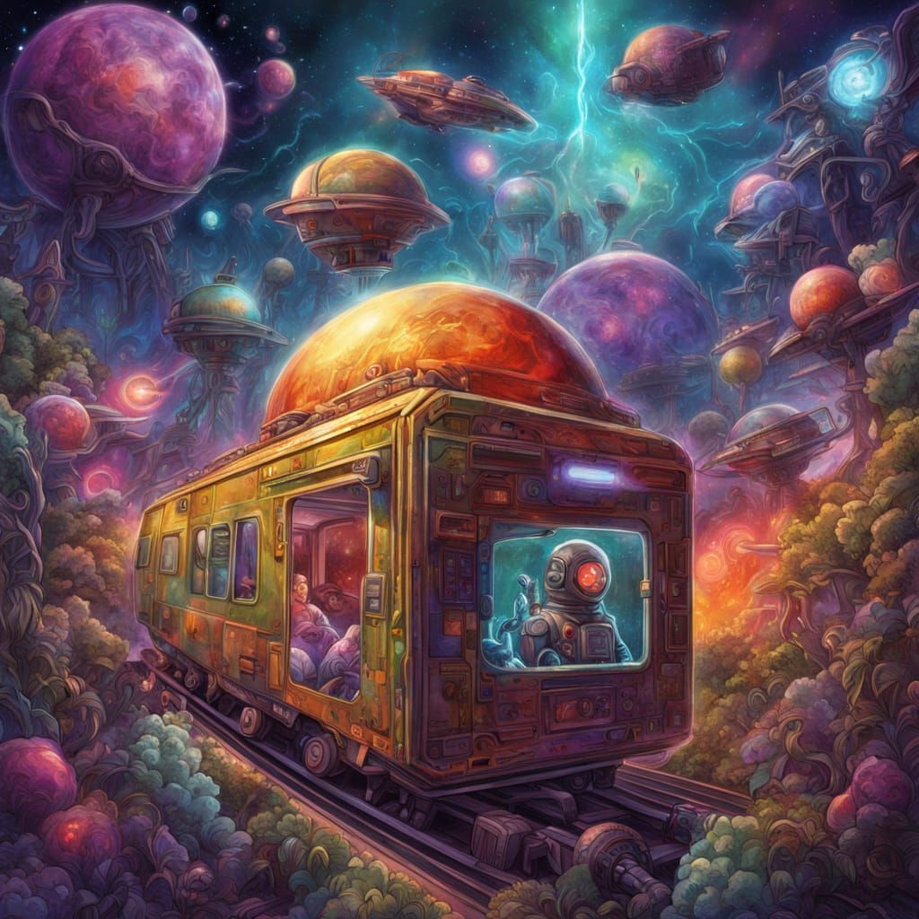 Surreal Cosmic Landscape with Pacifist Alien and Toy Self-Cl...