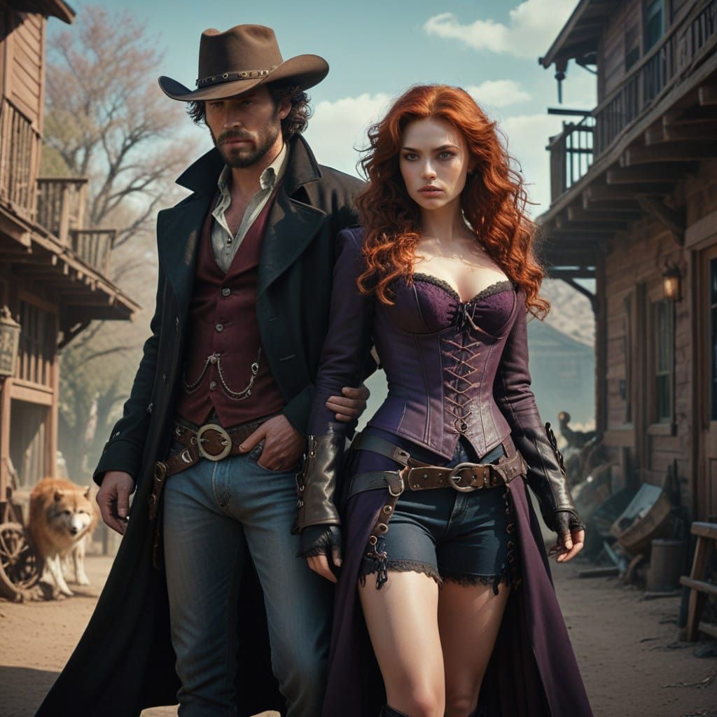 Cowboy and Redhead in a Wild West Paradise with Grey Wolves