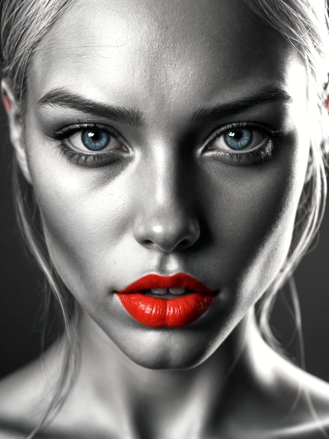 Monochrome Portrait with Vivid Blue Eyes and Lips