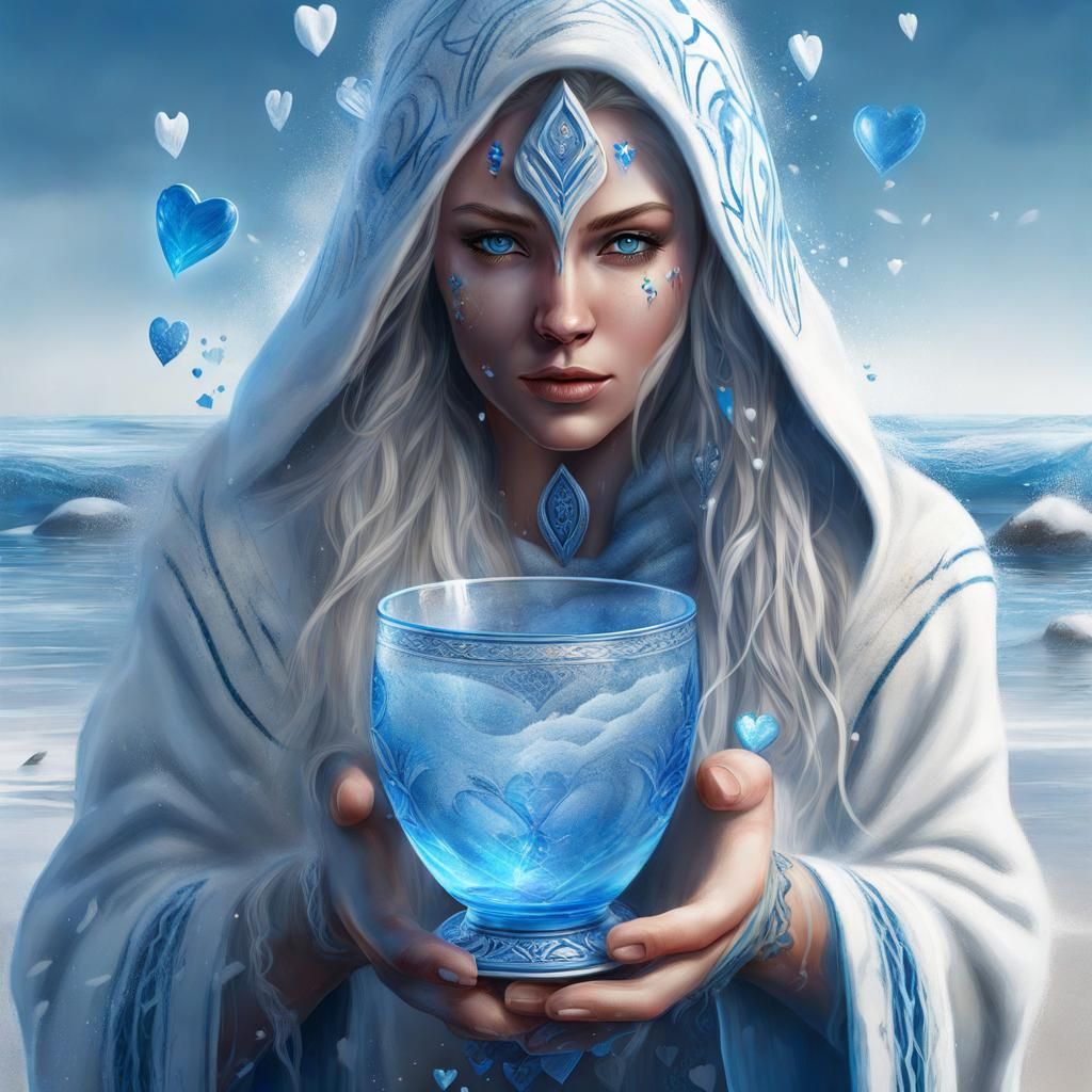 Nordic Shaman Woman with Chalice on Winter Beach