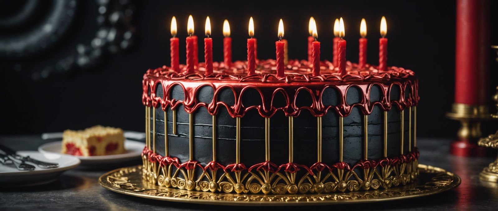 Metallic Cyber Birthday Cake in Red, Black, and Brass