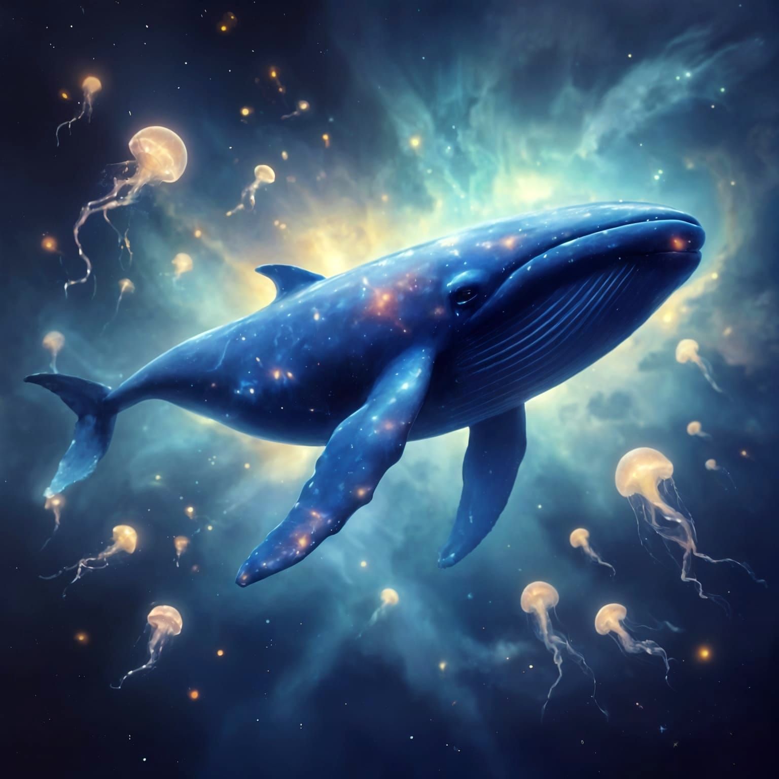 Bioluminescent Space Whale Navigating Nebula in HDR Lighting