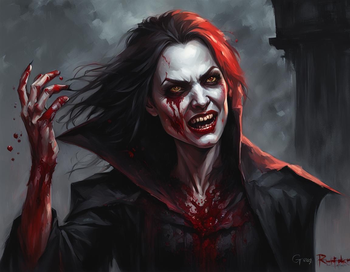 Sinister Female Vampire with Fangs and Blood
