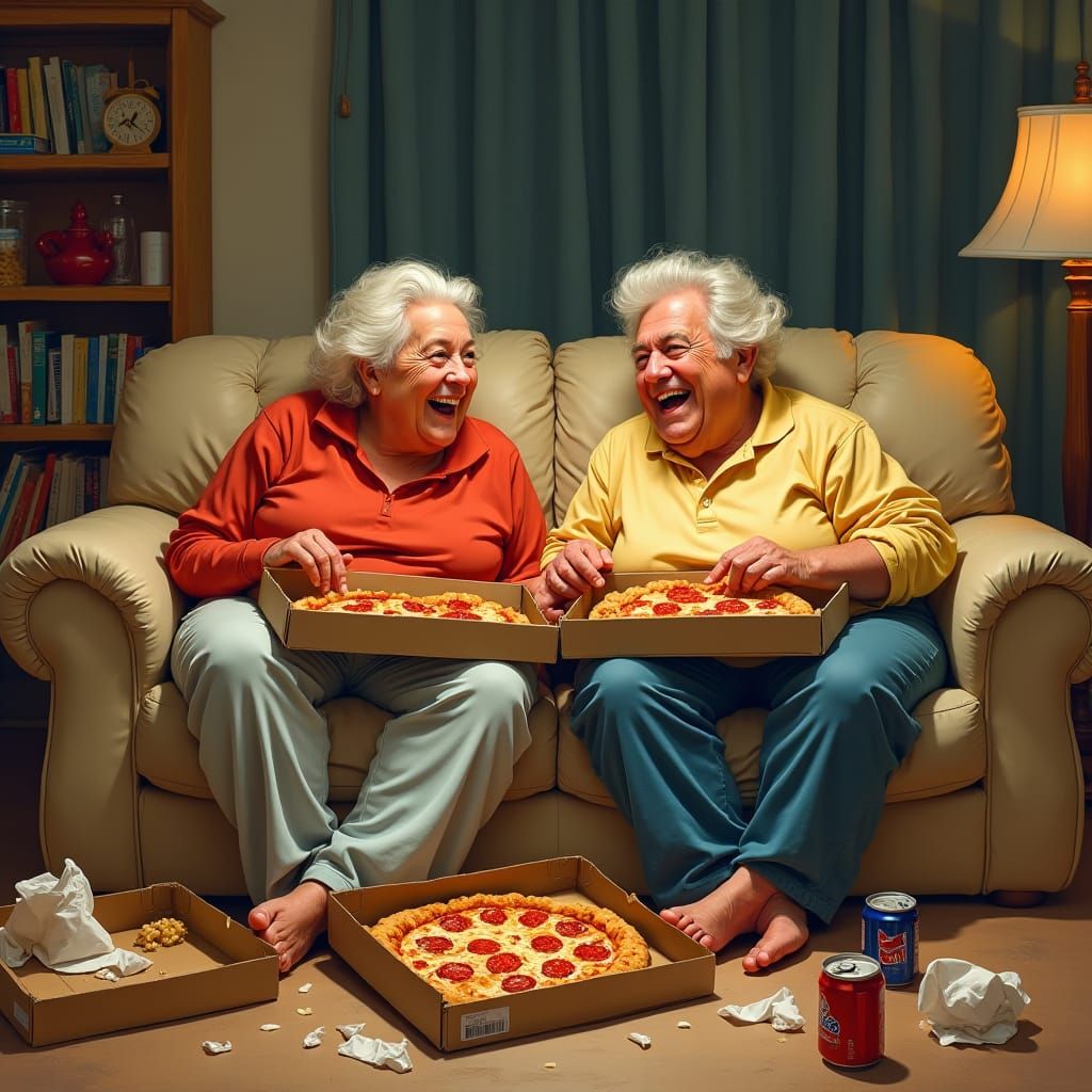 Middle-Aged Couple Enjoying Midnight Snack as Pop Art