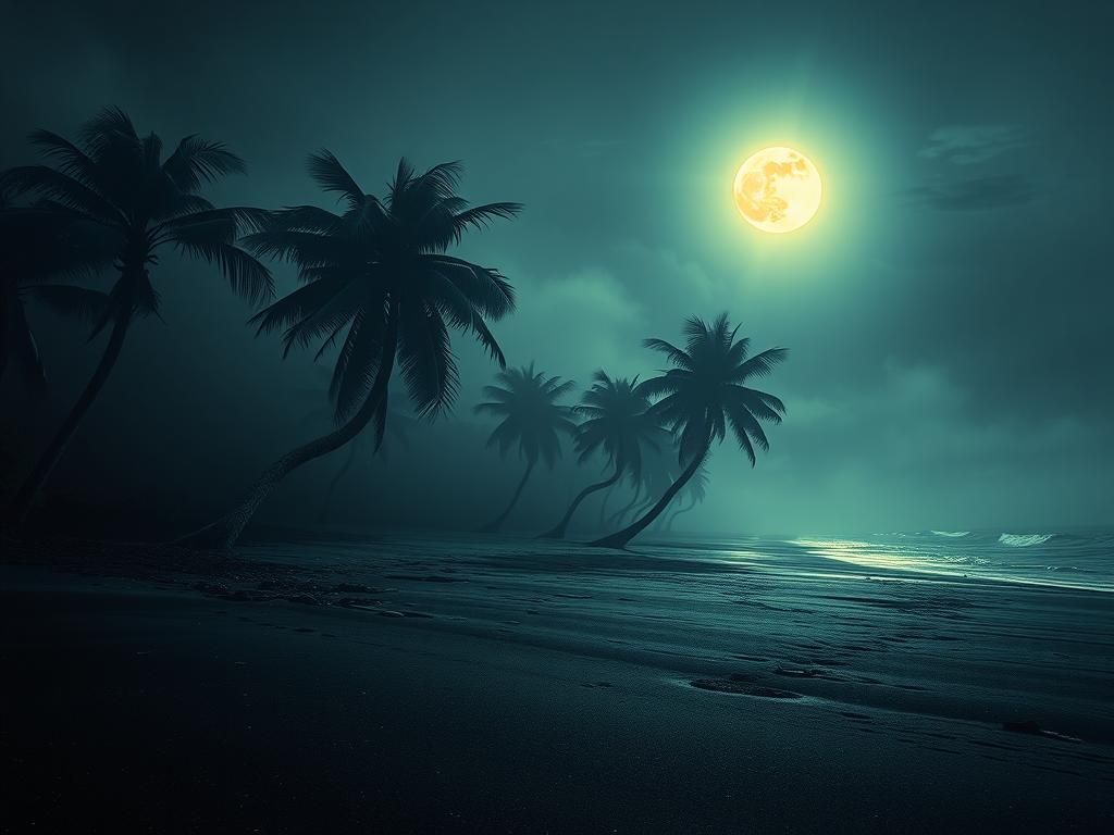 Eerie Moonlit Beach with Twisted Palm Trees