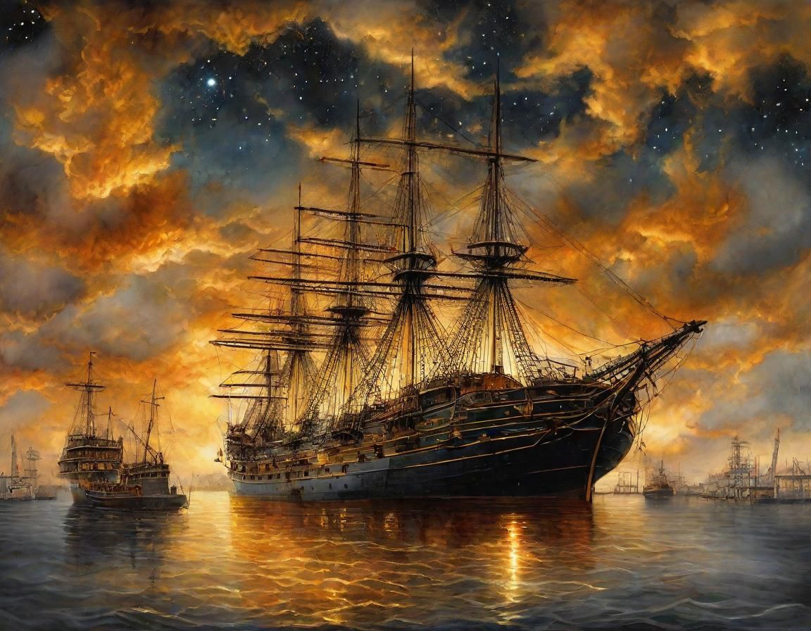 Celestial Shipyard with Golden Docks in Neo-Impressionism