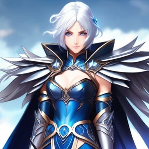 Anime Girl in Blue Armor, Art Nouveau Portrait