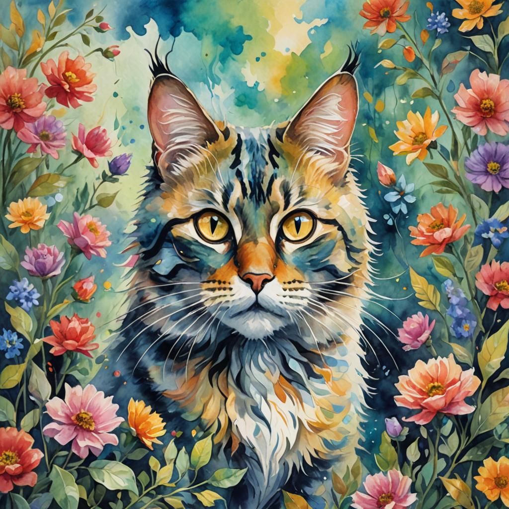 Fantasy Cat in Gouache Watercolor Style