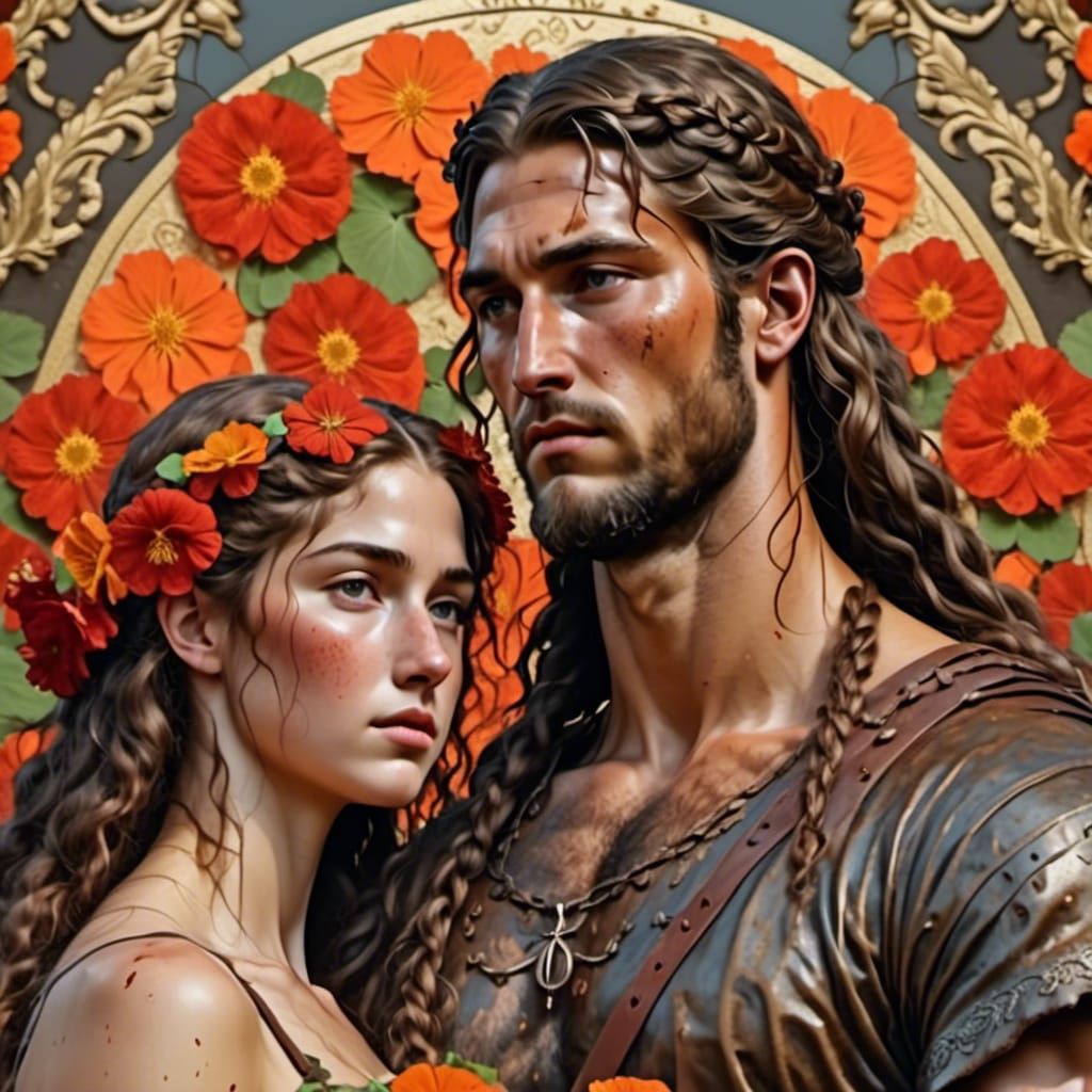 Dionysus and Ariadne in Ukiyo-e Nasturtium Portrait