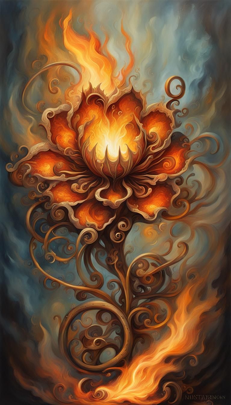 Steampunk Flower in Flames: Ornate Oil Painting
