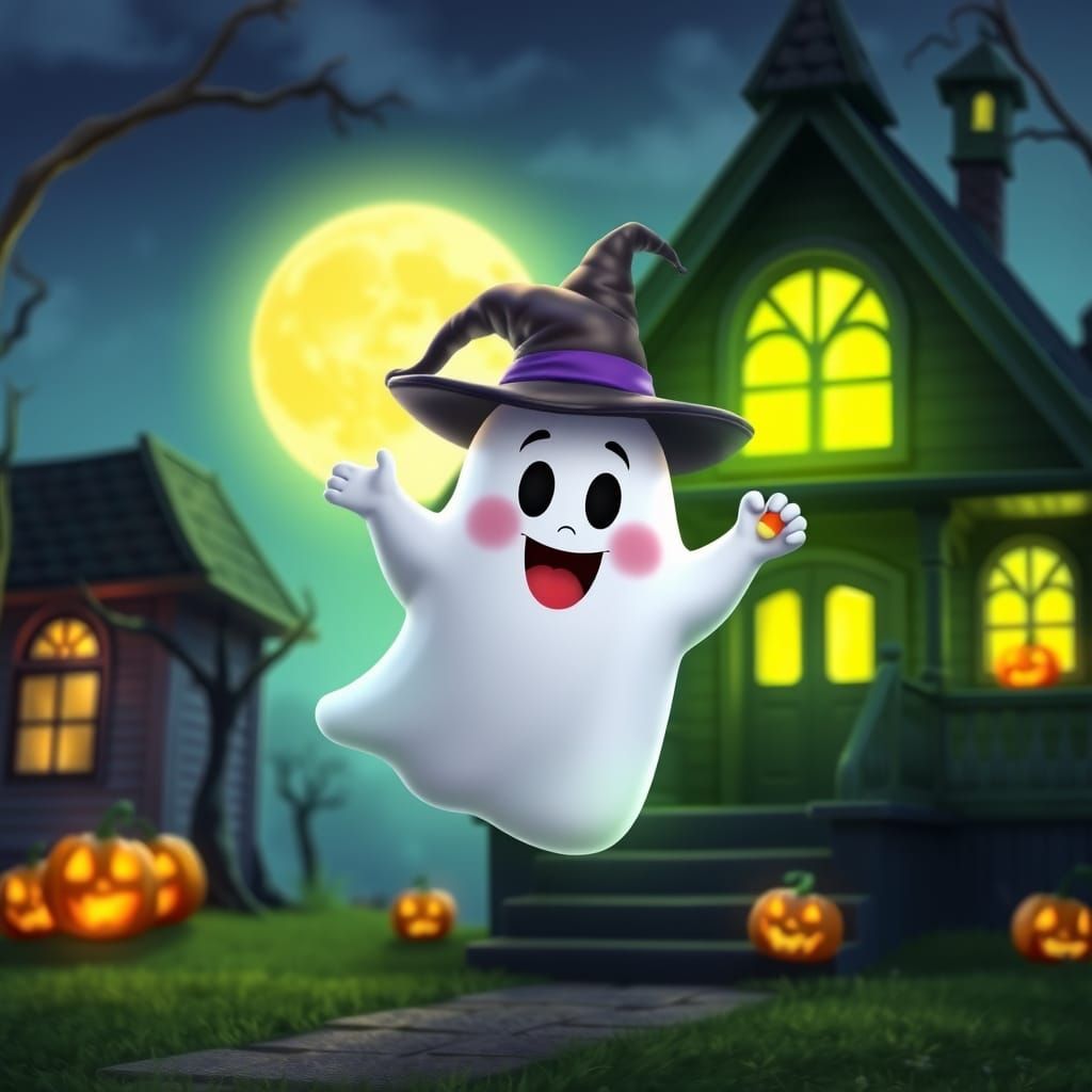 Friendly Ghost in Witch Hat with Candy Corn