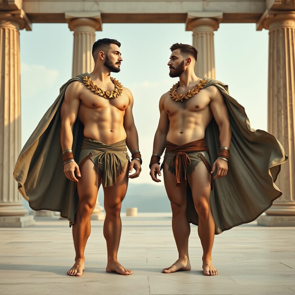 Strong Men Adorned with Golden Laurels Stand Before Greek Co...