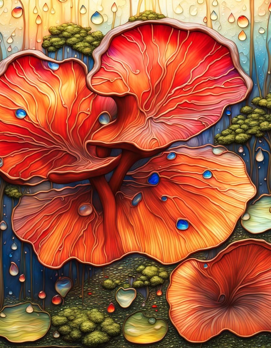Hyperrealistic Stained Glass Mushroom in Forest
