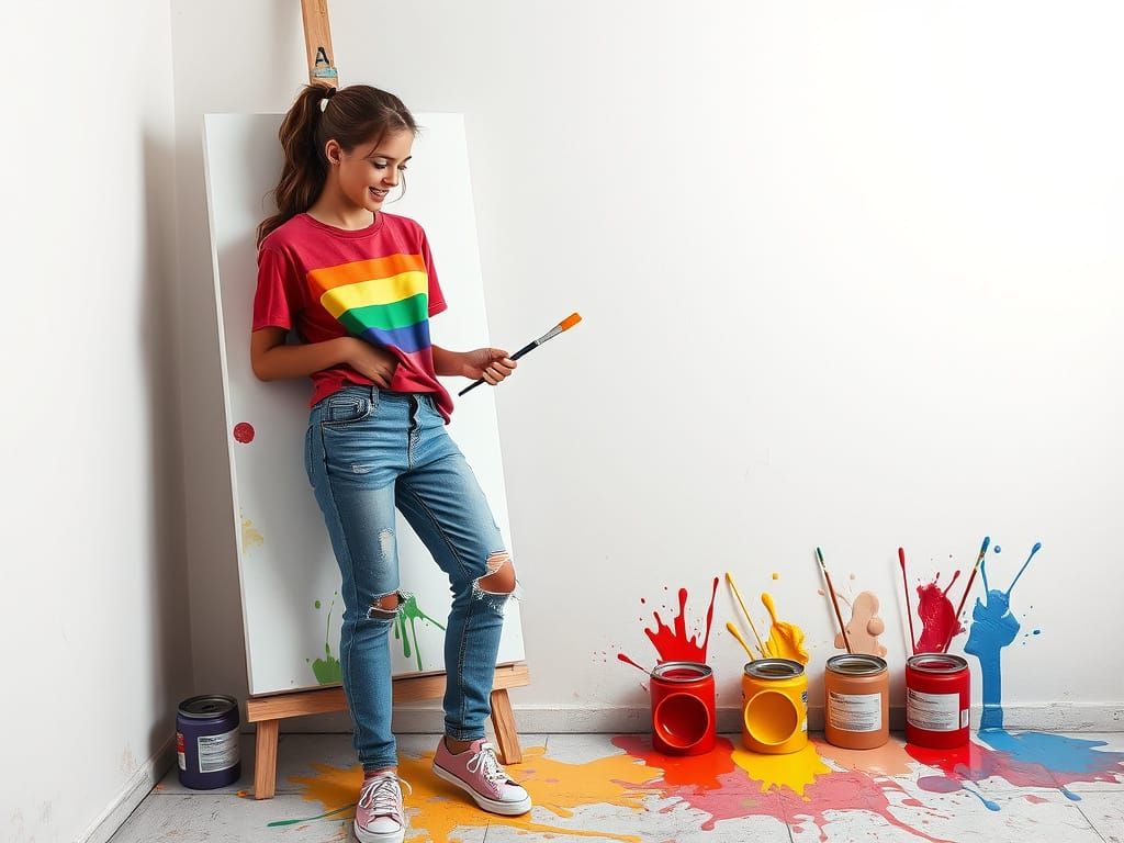 Woman Painting with Rainbow Colors in Hyperrealism Style