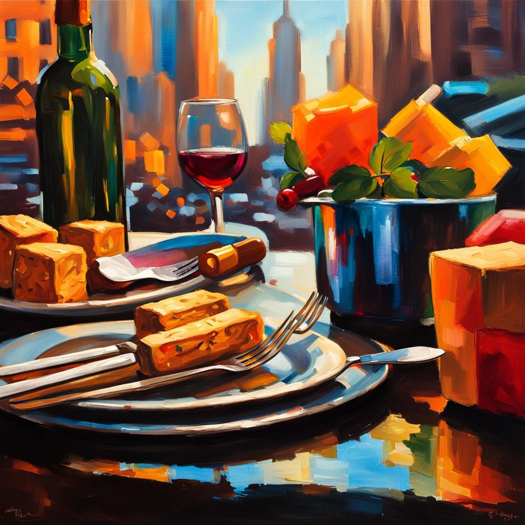Vibrant New York City Table Setting in Oil Painting