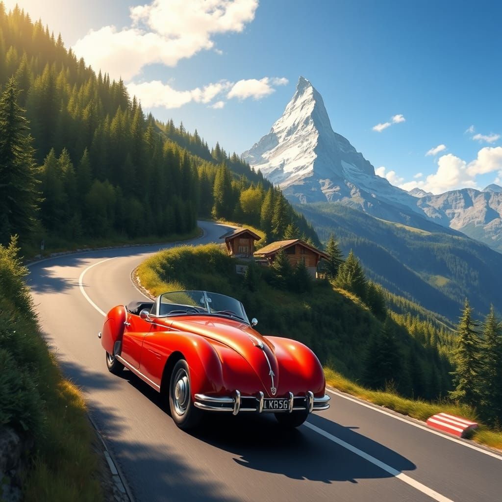 Vintage Car on Serpentine Swiss Alps Road