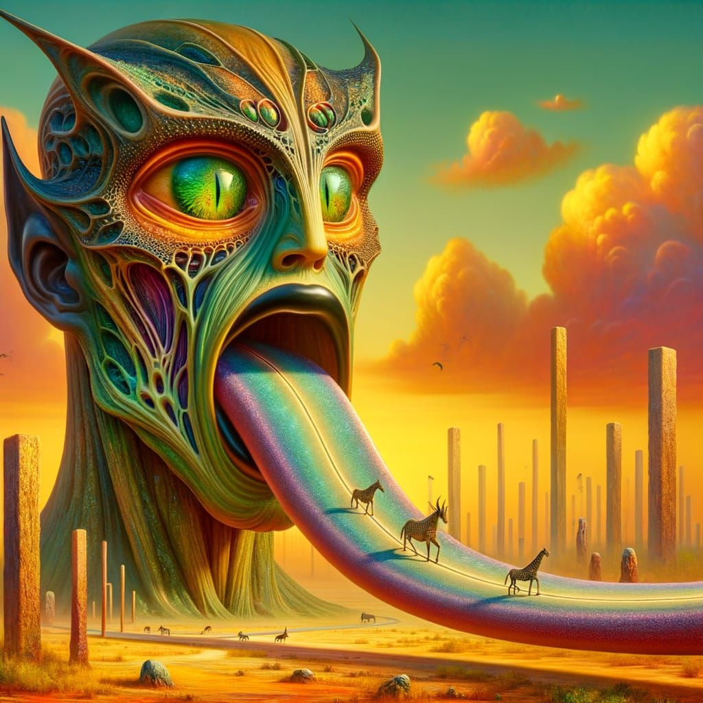 Surreal Humanoid Head as Portal in Vibrant Orange Sky