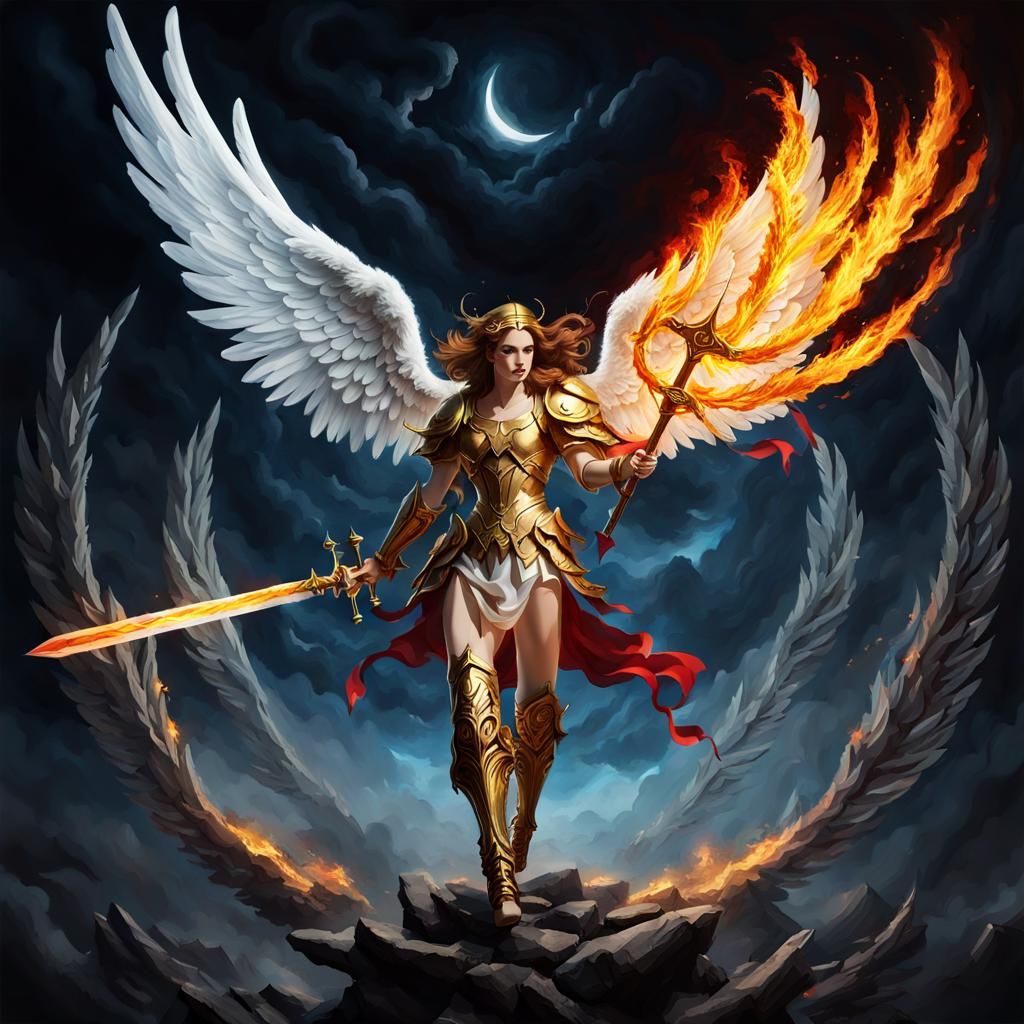 Majestic Angel Battling Darkness with Fiery Wings