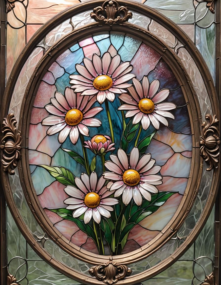 Pink Daisy in Stained Glass Art Nouveau Style