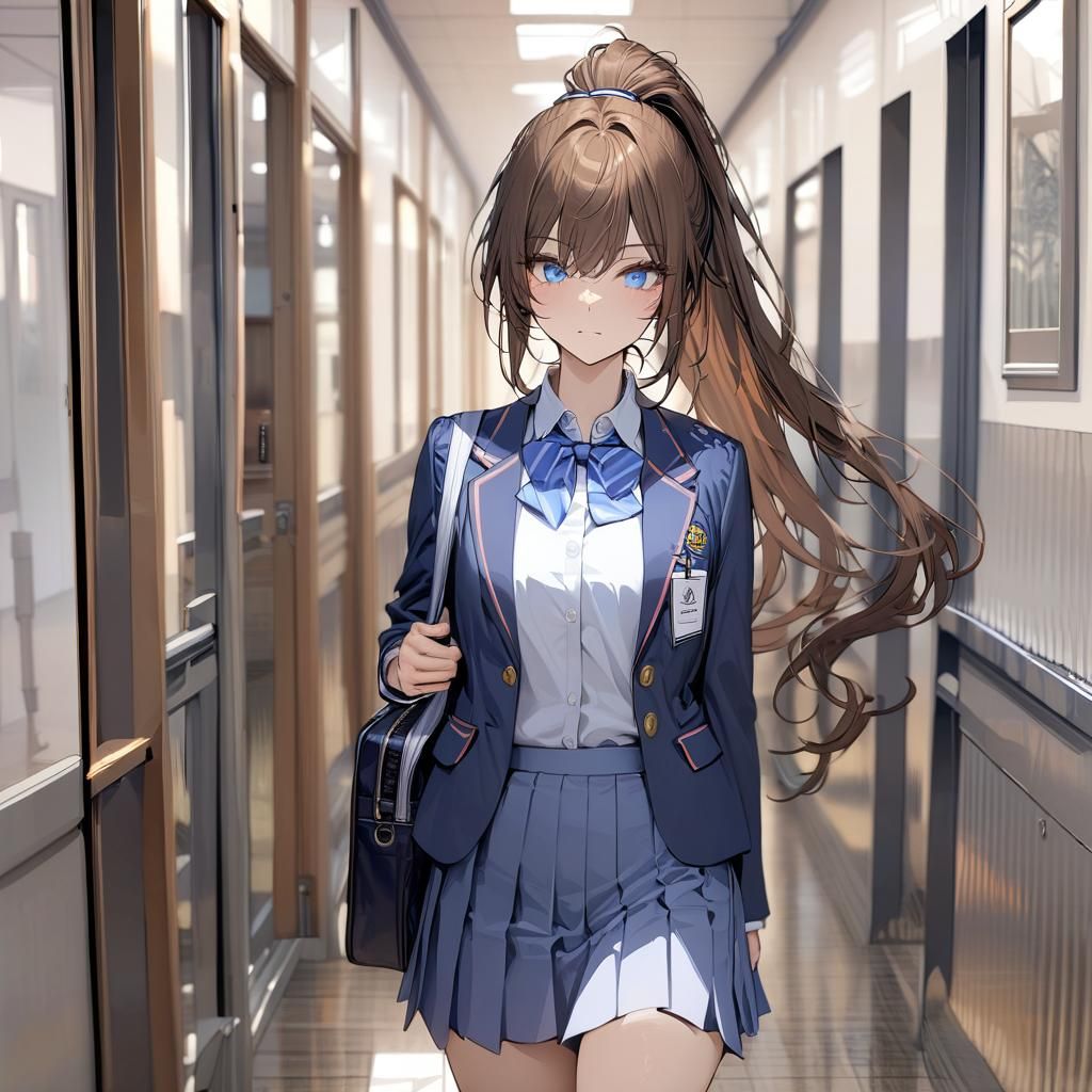 Schoolgirl with Brown Hair and Blue Eyes in Hallway