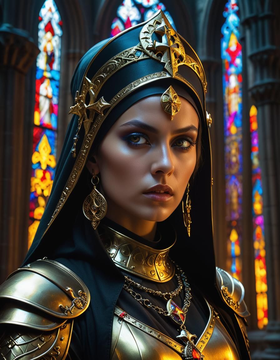 Warrior Nun Portrait in Gothic Cathedral, Chiaroscuro Lighti...