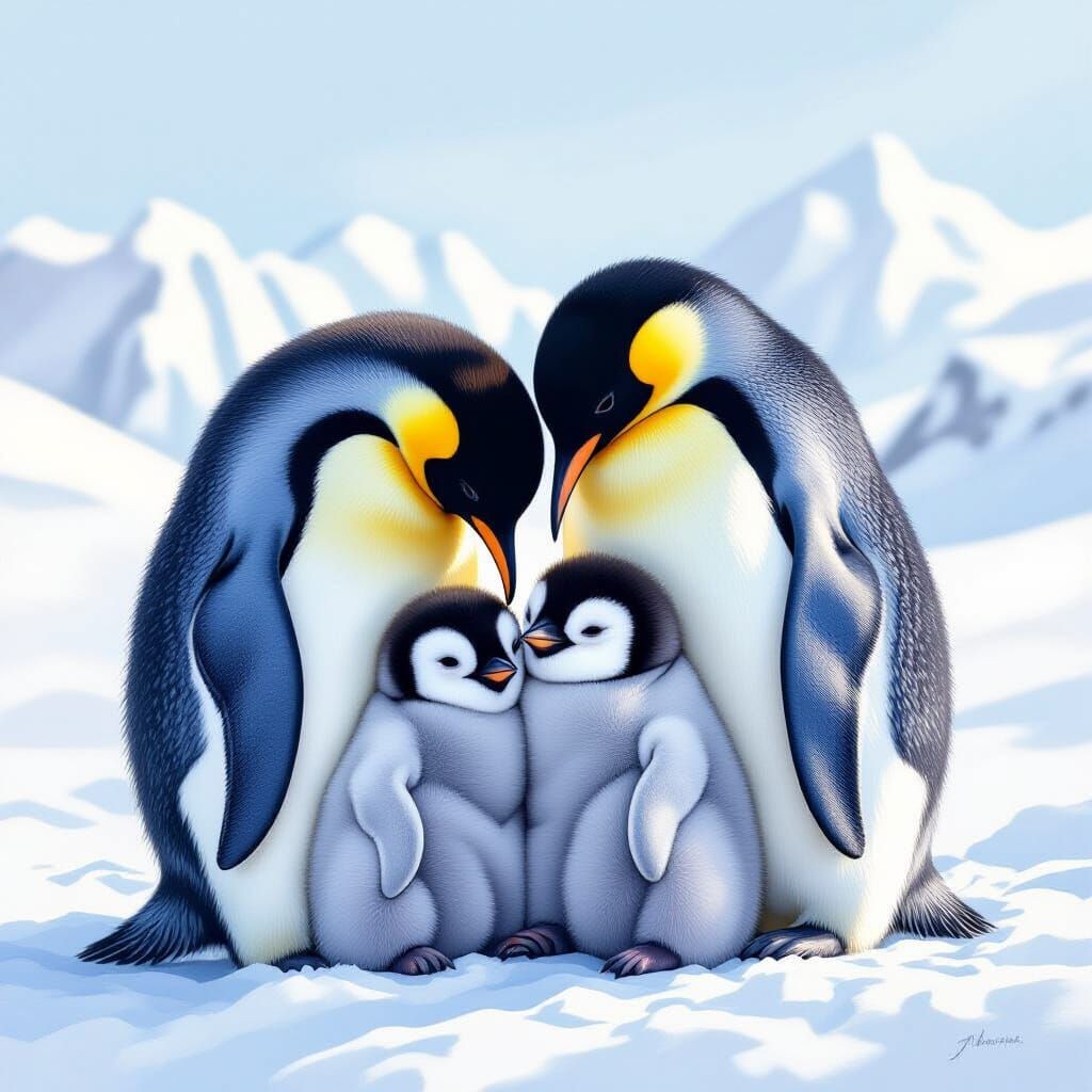 Cozy Antarctic Scene with Baby Penguins in Pastel