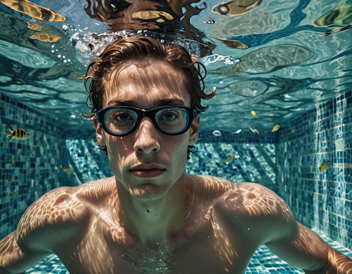 Young Man Swimming Underwater in Tiled Pool