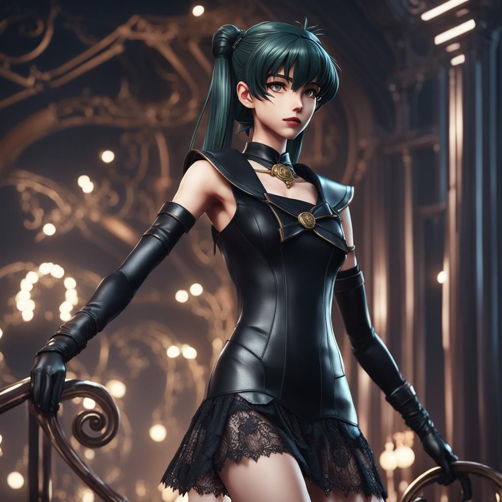 Sailor Pluto in skin-tight black leather lace dress