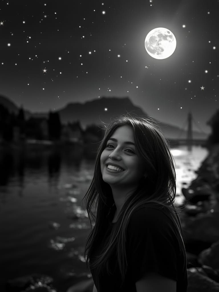 Smiling Woman Under Starry Moon River, Hyperrealistic