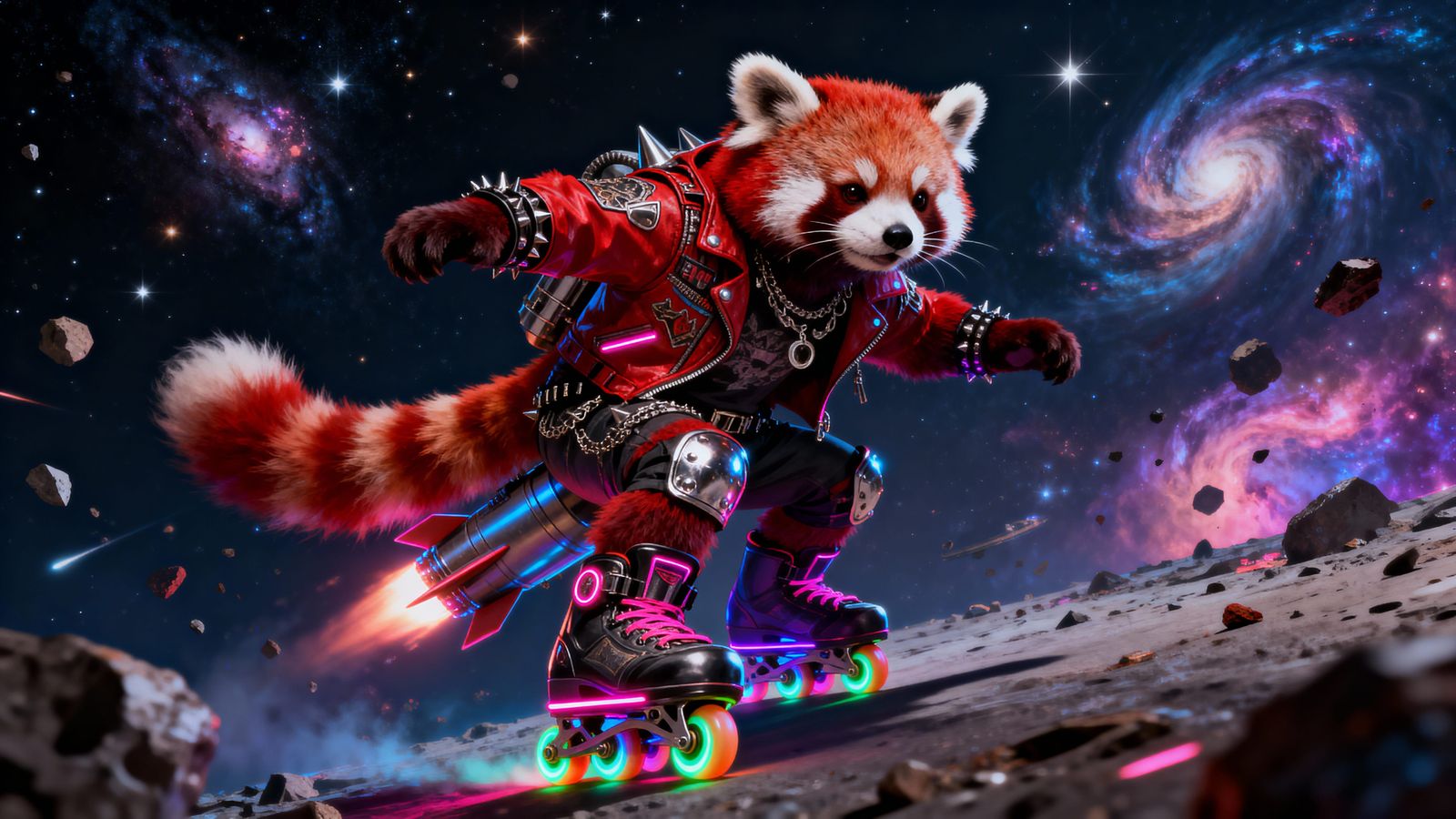 Punk Rock Red Panda on Rocket Skates in Space