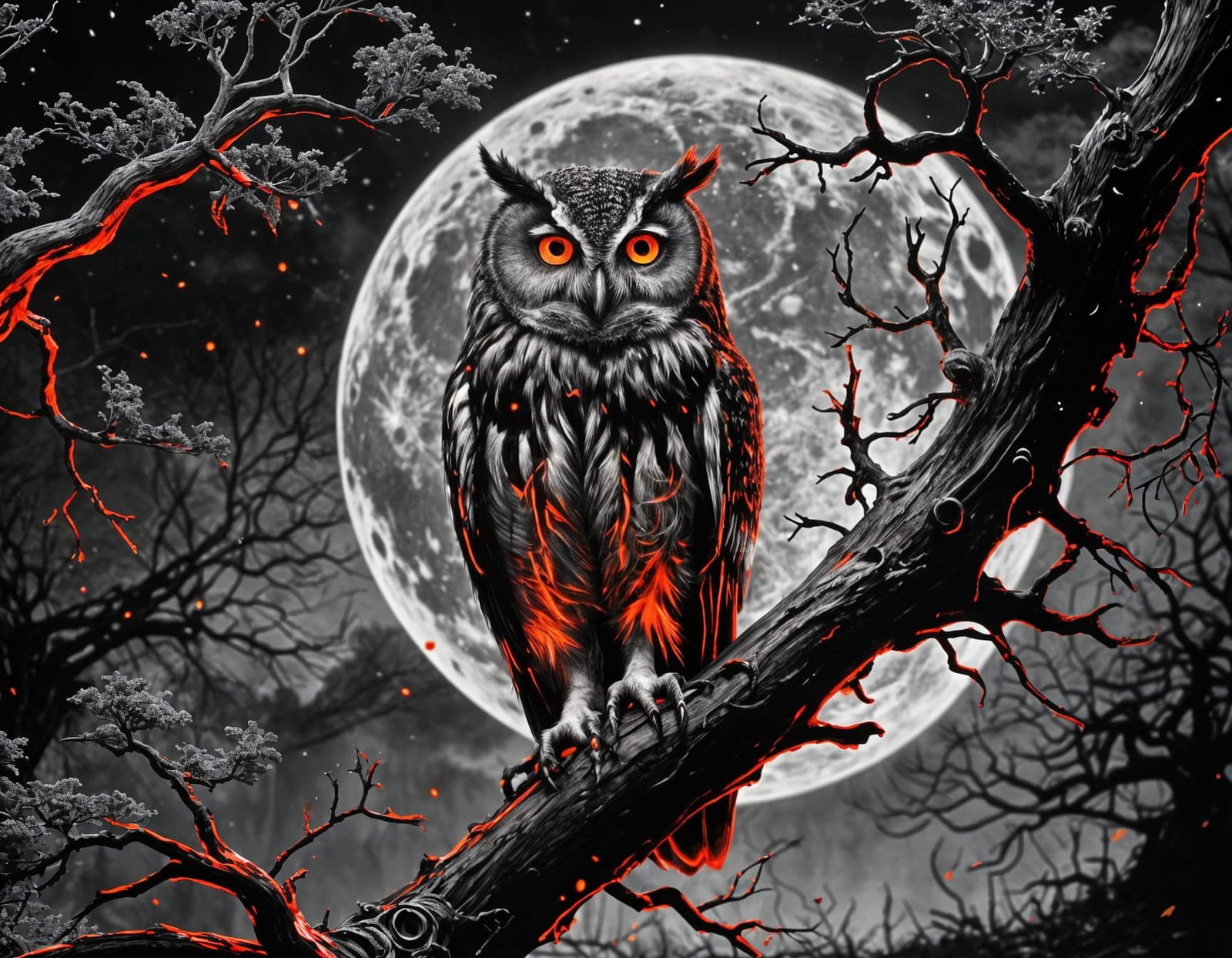 Haunted Owl on Branch in Glitchcore Style